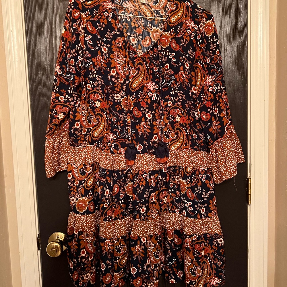 Navy, Rust & White Tiered Dress with Tassels